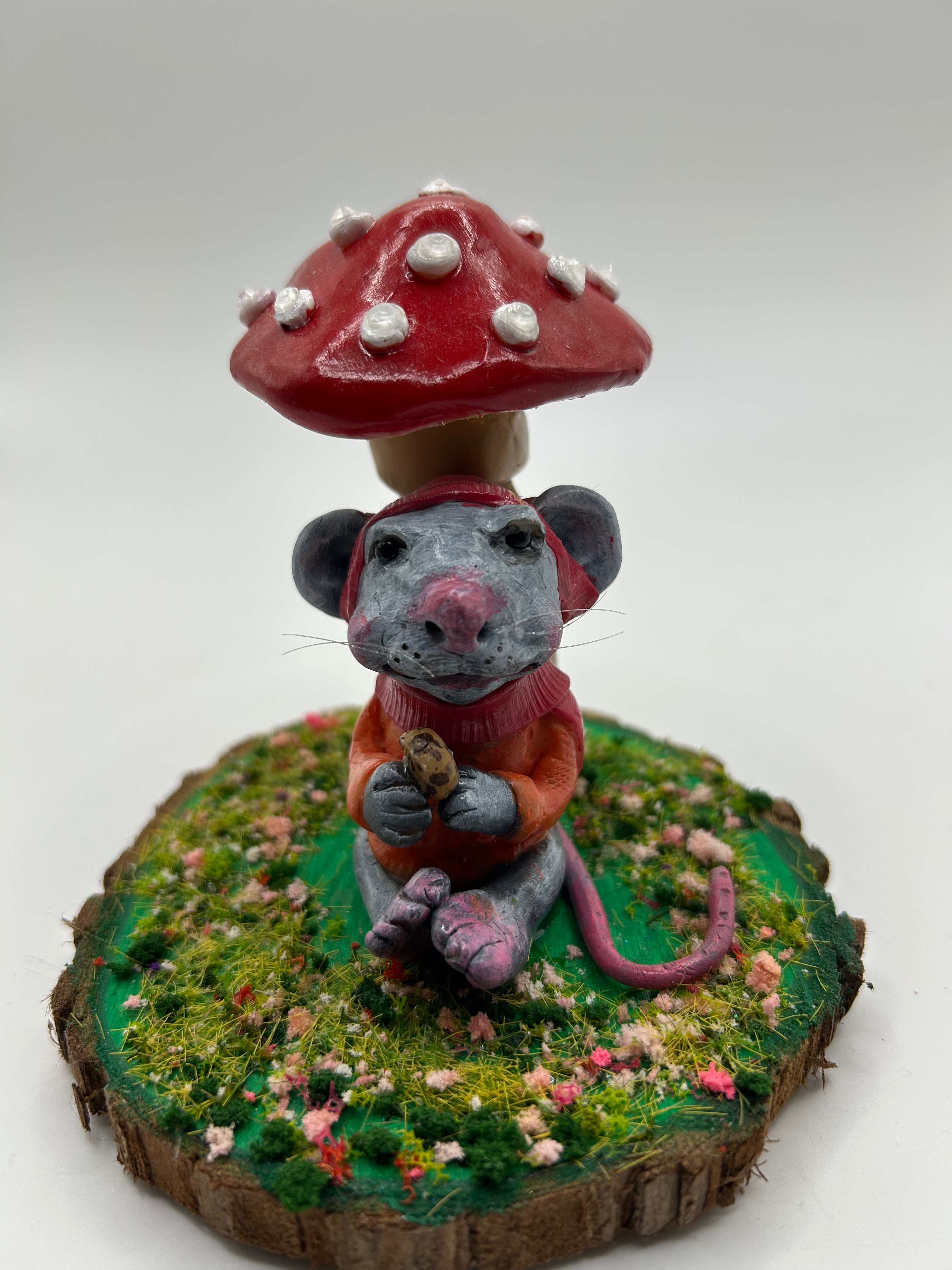Polymer Clay Mouse Under Mushroom — Handmade Whimsical Figure