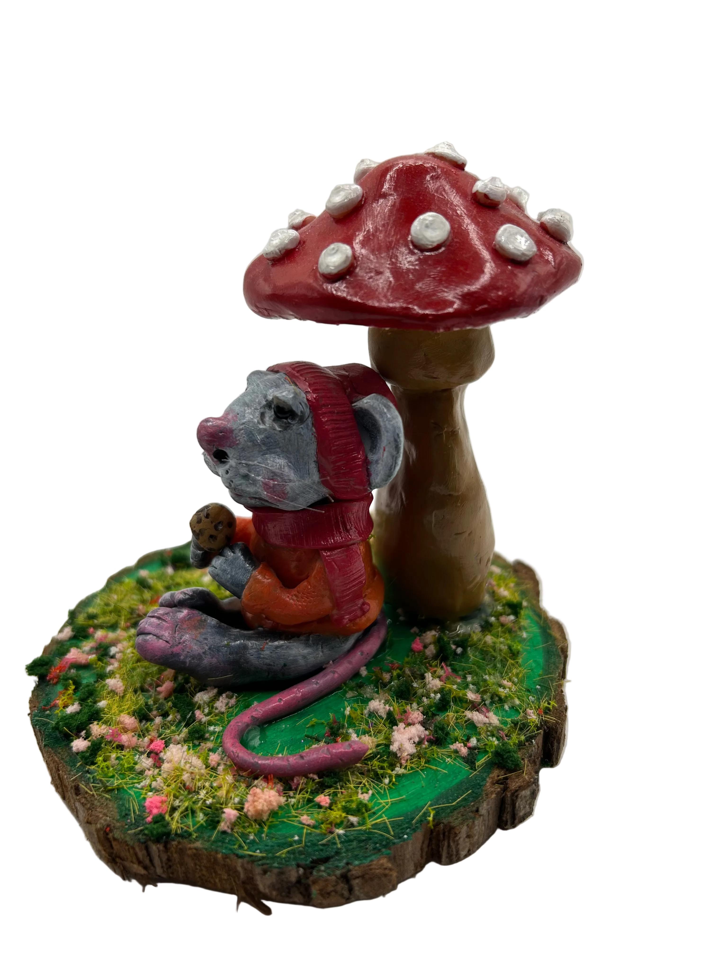 Polymer Clay Mouse Under Mushroom — Handmade Whimsical Figure