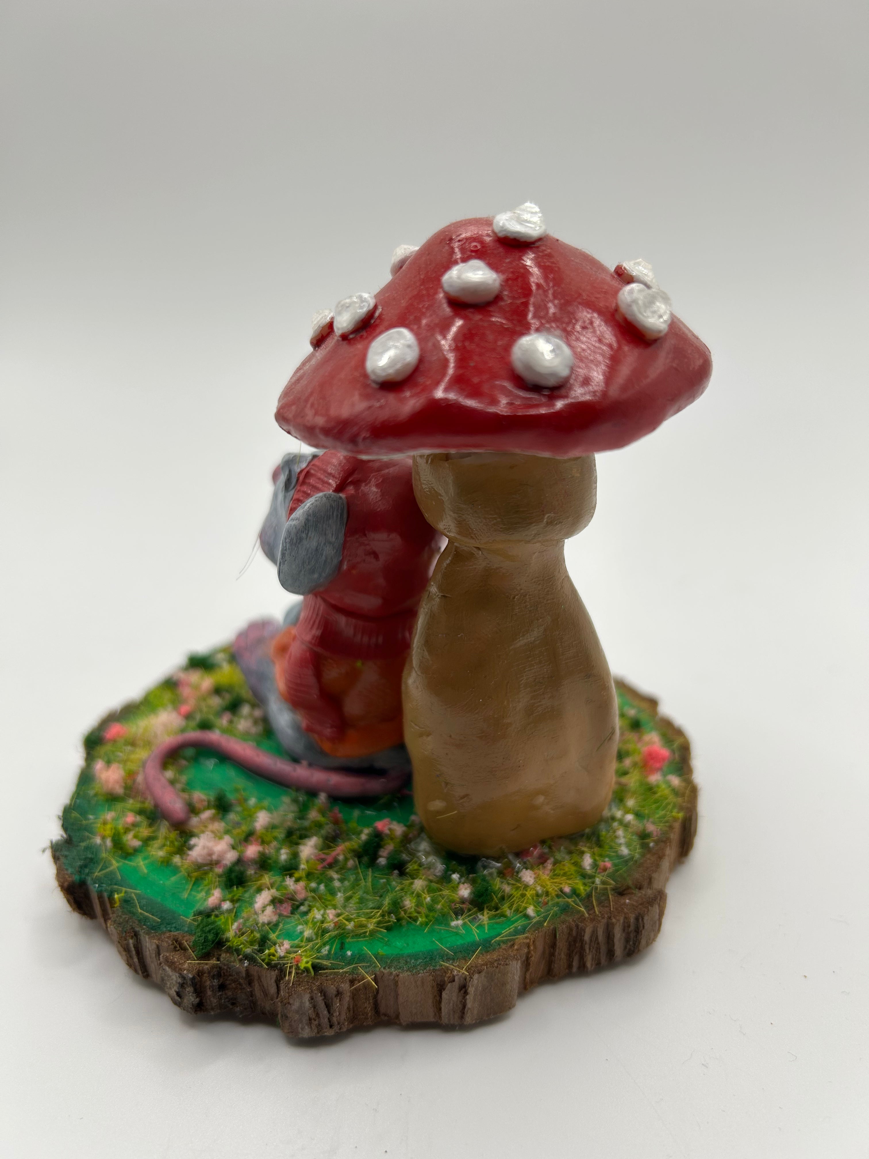 Polymer Clay Mouse Under Mushroom — Handmade Whimsical Figure