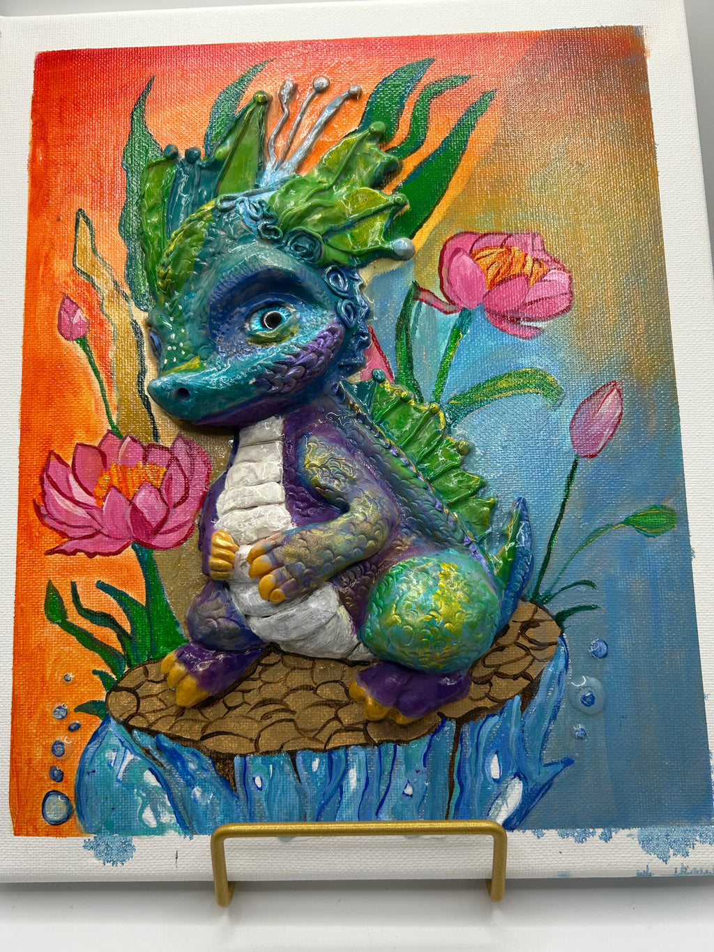Polymer Clay Water Dragon on Canvas — Handmade Whimsical Wall Art