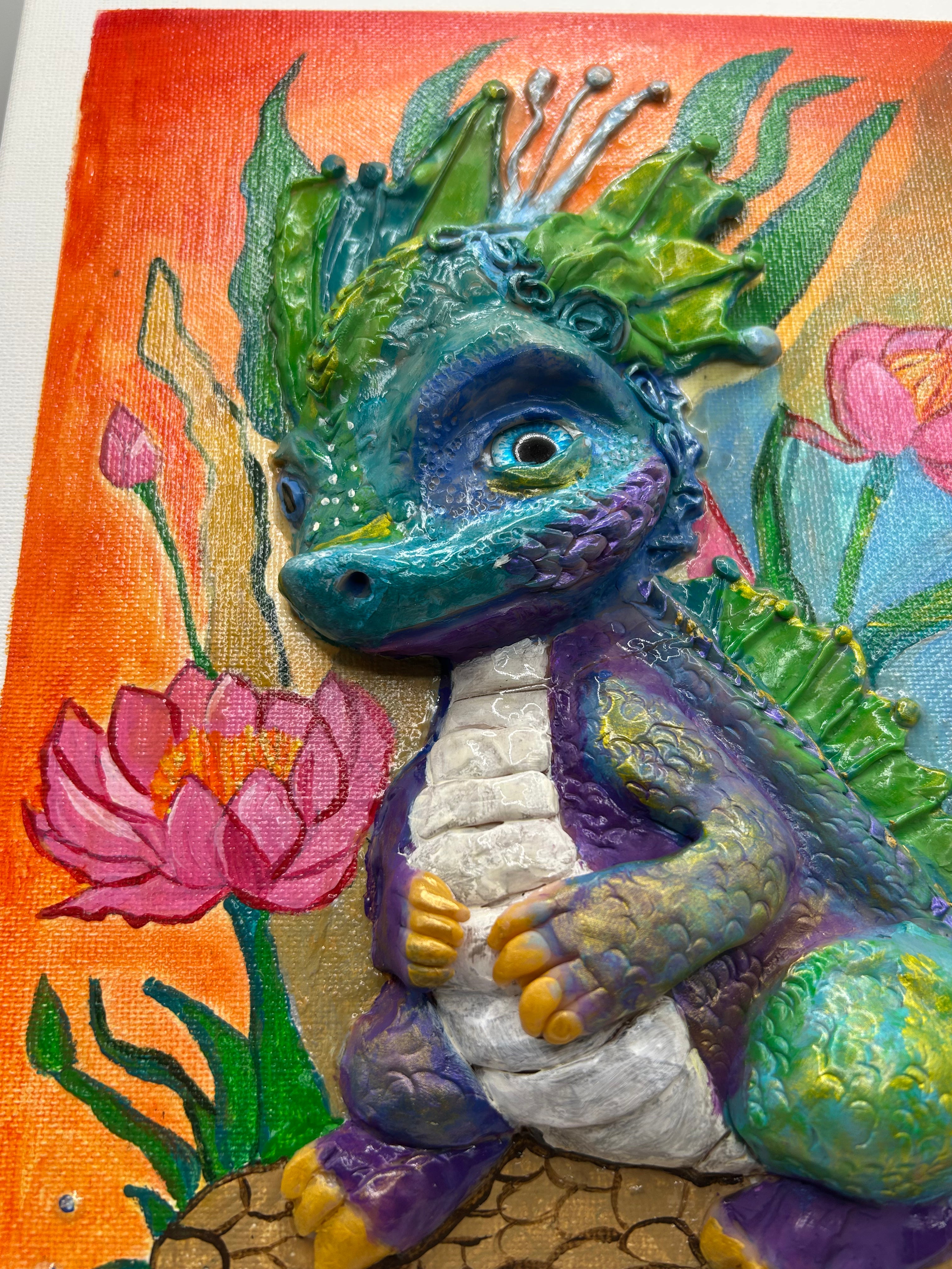 Polymer Clay Water Dragon on Canvas — Handmade Whimsical Wall Art
