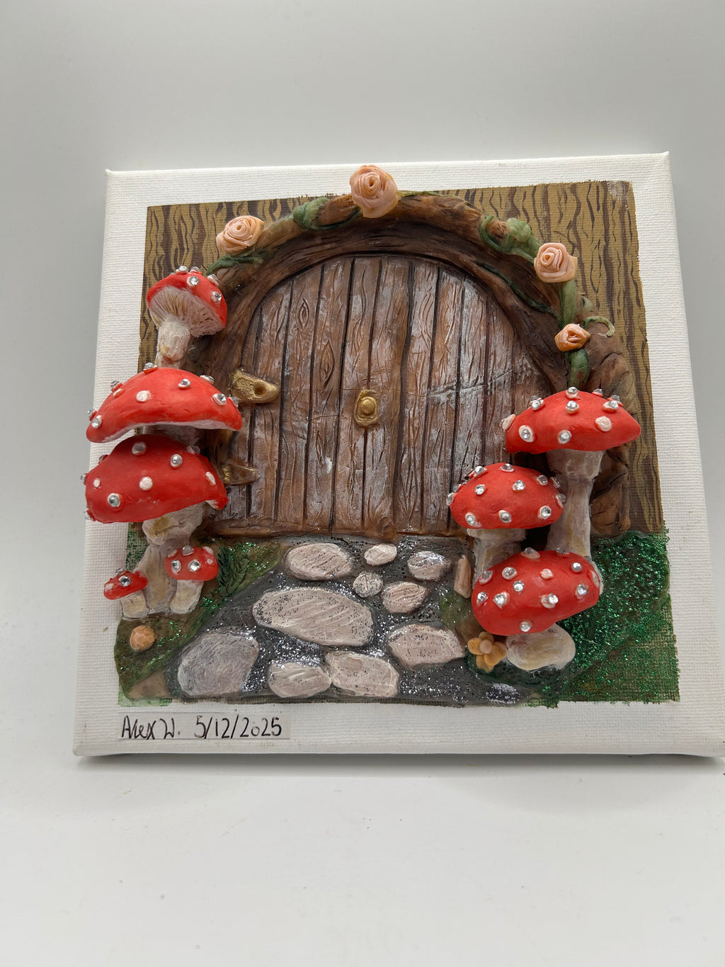 Polymer Clay Fairy Door on Canvas — Handmade Whimsical Wall Art