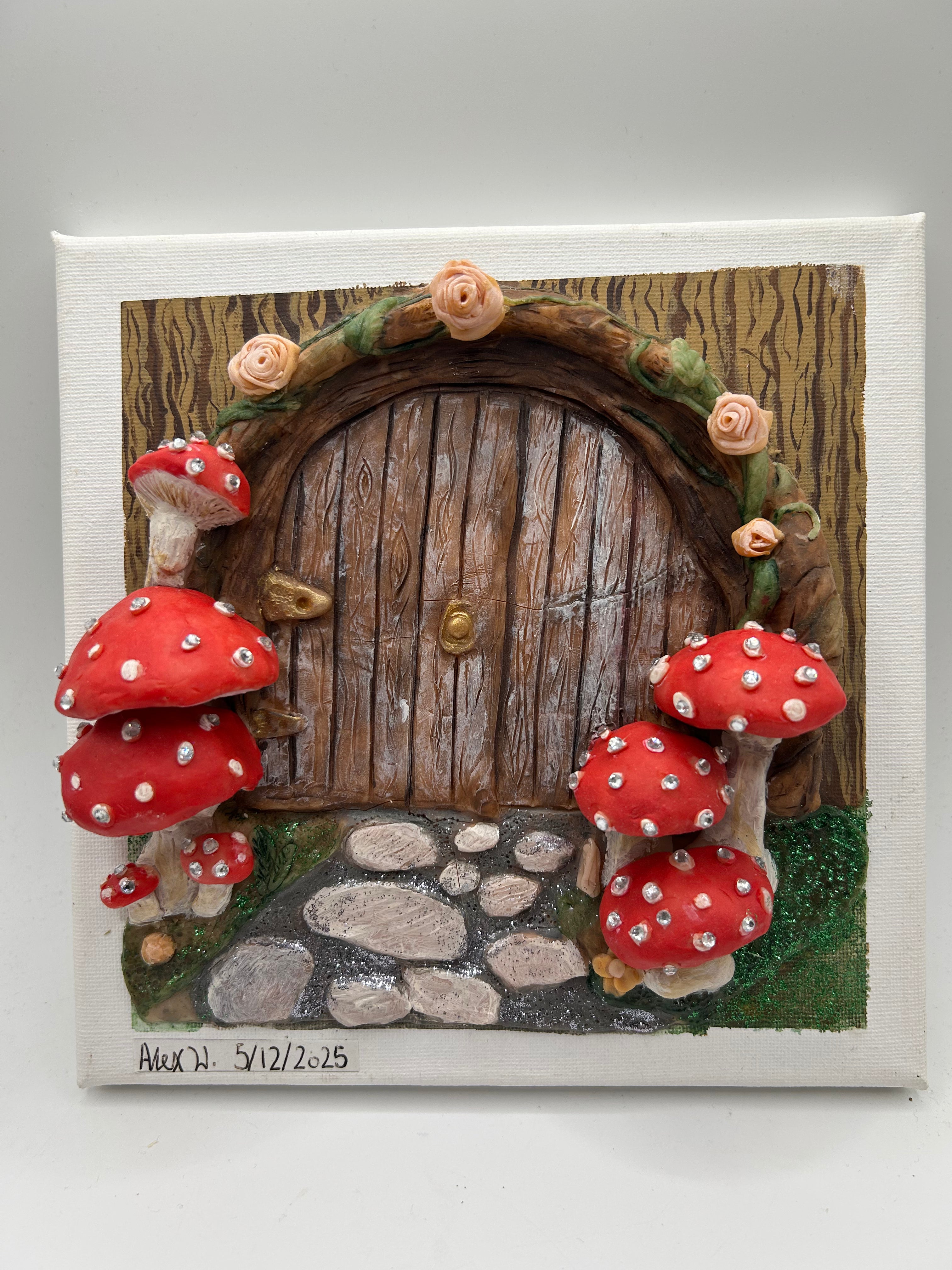 Polymer Clay Fairy Door on Canvas — Handmade Whimsical Wall Art
