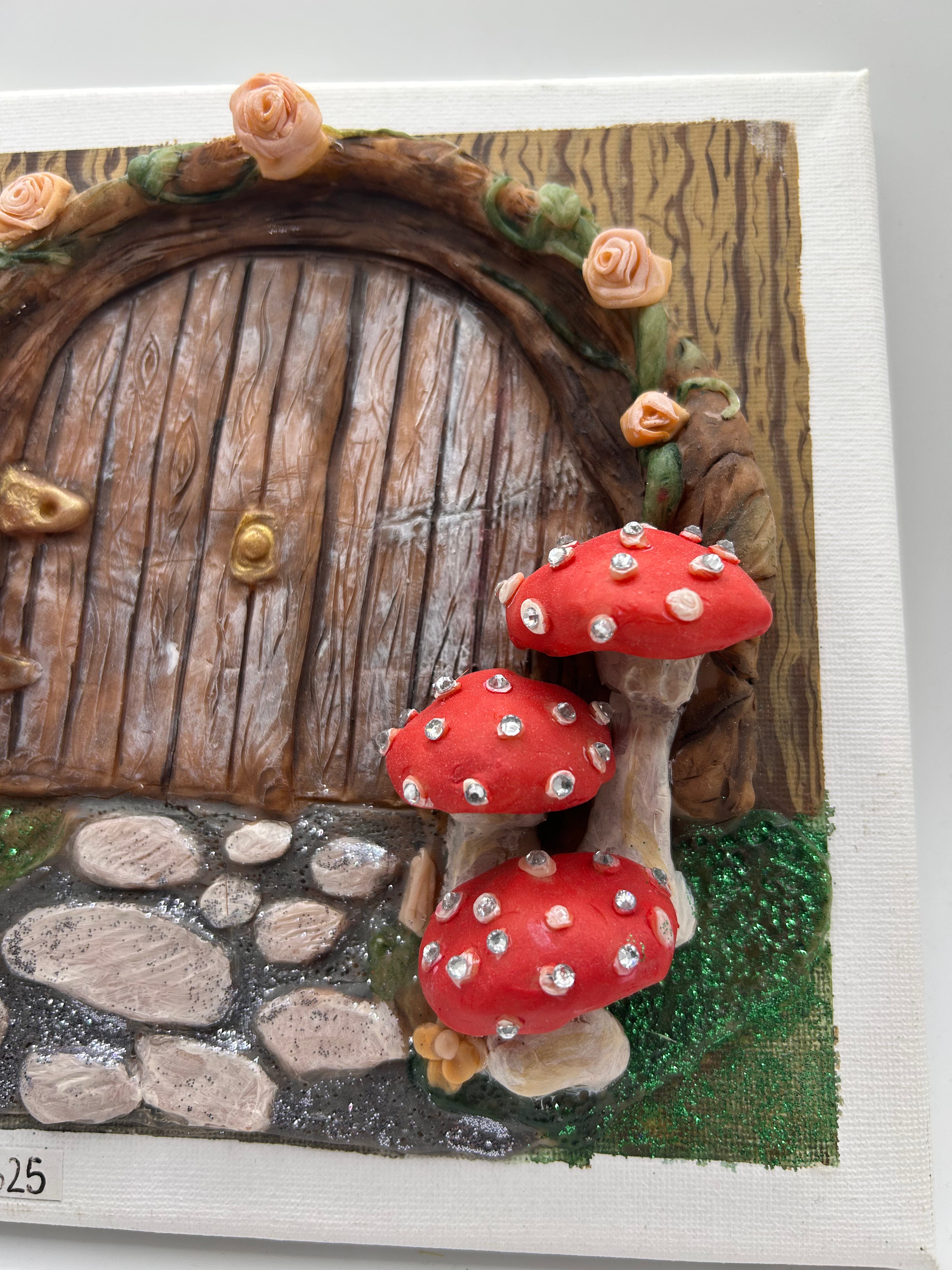 Polymer Clay Fairy Door on Canvas — Handmade Whimsical Wall Art