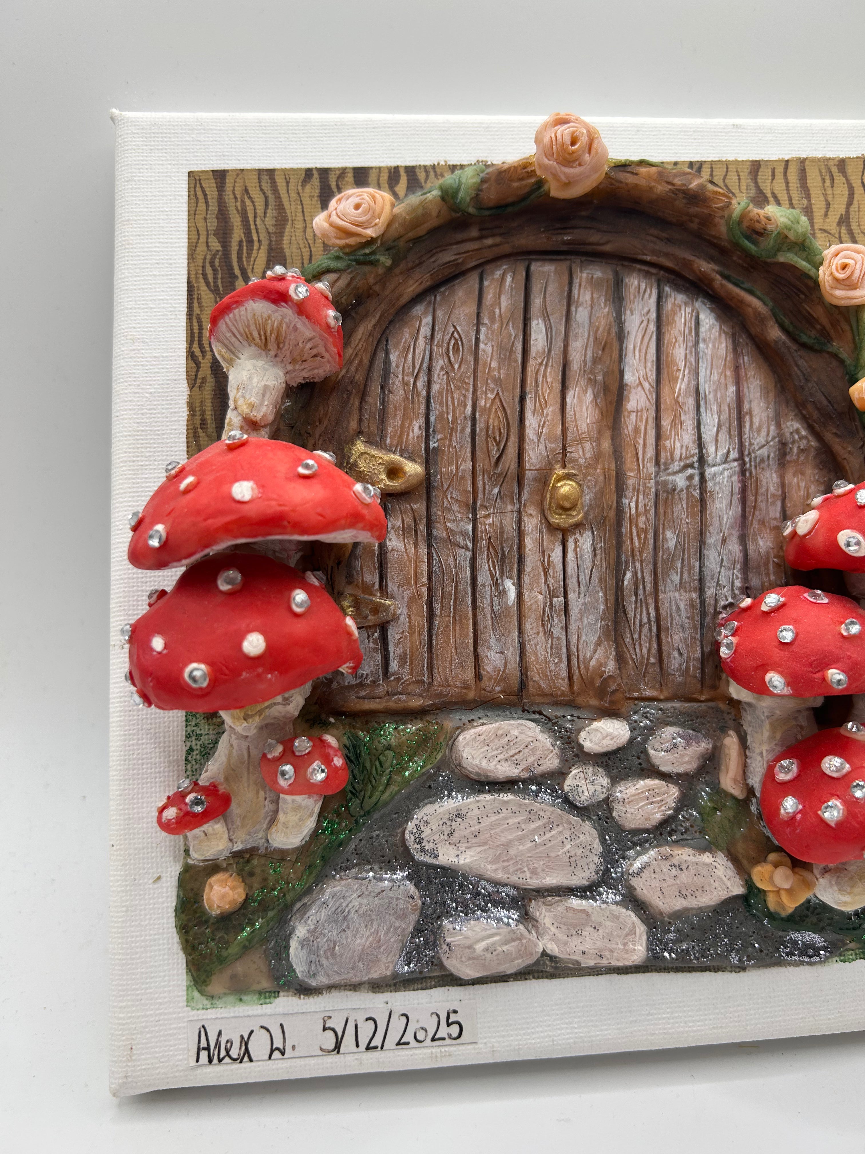 Polymer Clay Fairy Door on Canvas — Handmade Whimsical Wall Art